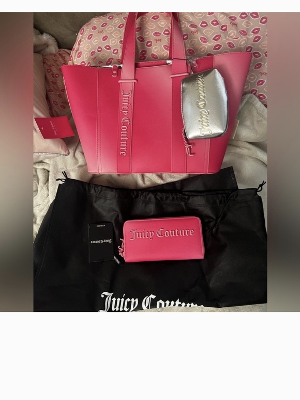 UK Juicy Couture Bright Pink Tote with Matching Wallet and Silver Coin Pouch